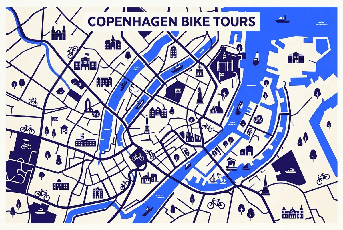 Simple illustrated map of central Copenhagen showing bike tour meeting points, the harbor and Nyhavn's canal